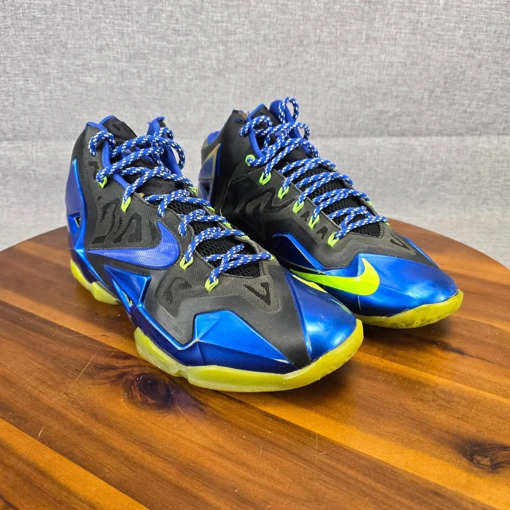 Nike LeBron 11 iD Custom Mens 9.5 Black Blue Volt Basketball Shoes 641216-991